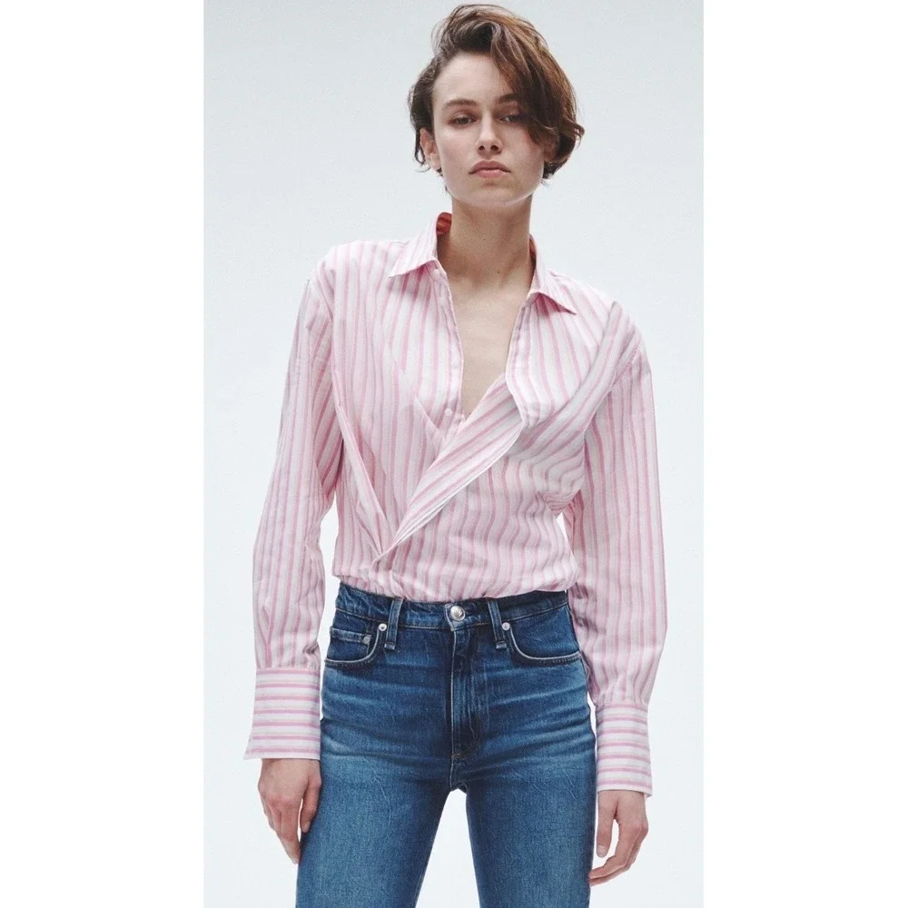 Rag & Bone Women's Indiana Striped Twisted Shirt Pink White Size XS - Picture 2 of 12